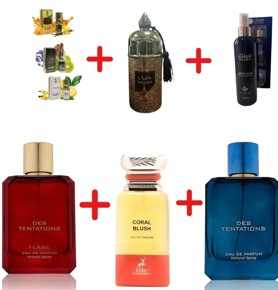 Fragrance World Des Tentations Flame + Fragrance World Des Tentations + Maison Alhambra Coral Blush + αποσμητικό Waseemah + Otoori Musk + 3 μίνι αρωματικά έλαια