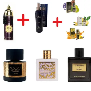 Lattafa Tamima + Lattafa Qaed Al Fursan Unlimited + 3 μίνι αρωματικά έλαια + My Perfumes Soul Mate Intense + Fragrance World Canale Di Blue Parfum Intense + Otoori Musk